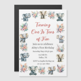 Elephants & Boho Jungle Flowers Birthday Magnetisk Inbjudningskort