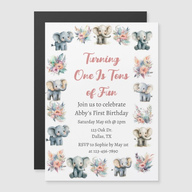 Elephants & Boho Jungle Flowers Birthday Magnetisk Inbjudningskort (Fram/baksida)