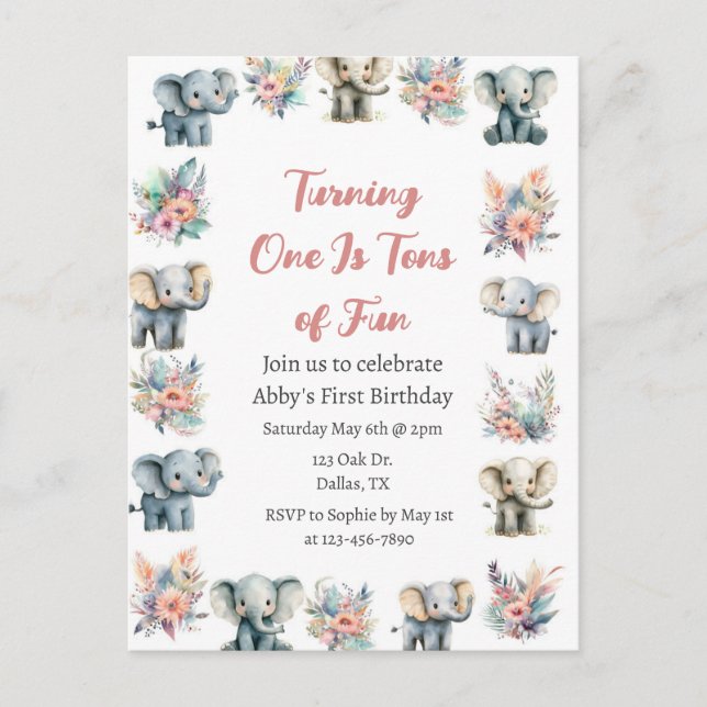 Elephants & Boho Jungle Flowers Birthday Vykort (Framsida)