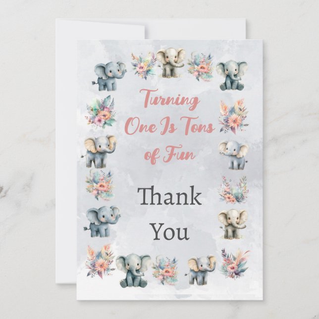 Elephants Boho Jungle Flowers Grått Tack för ditt  Inbjudningar (Framsida)