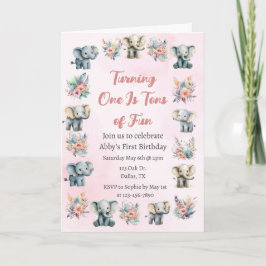 Elephants & Boho Jungle Flowers on Rosa Birthday Inbjudan