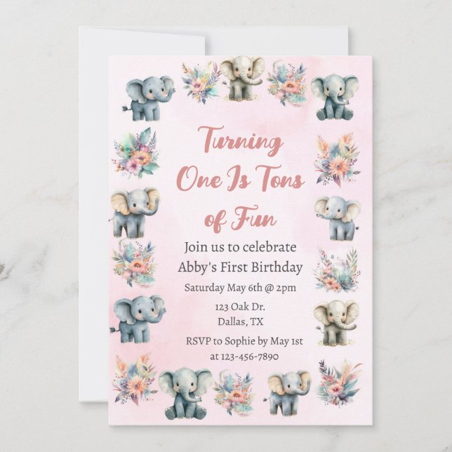 Elephants & Boho Jungle Flowers on Rosa Birthday Inbjudningar (Framsida)