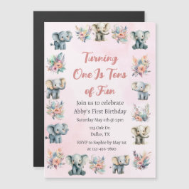 Elephants & Boho Jungle Flowers on Rosa Birthday Magnetisk Inbjudningskort