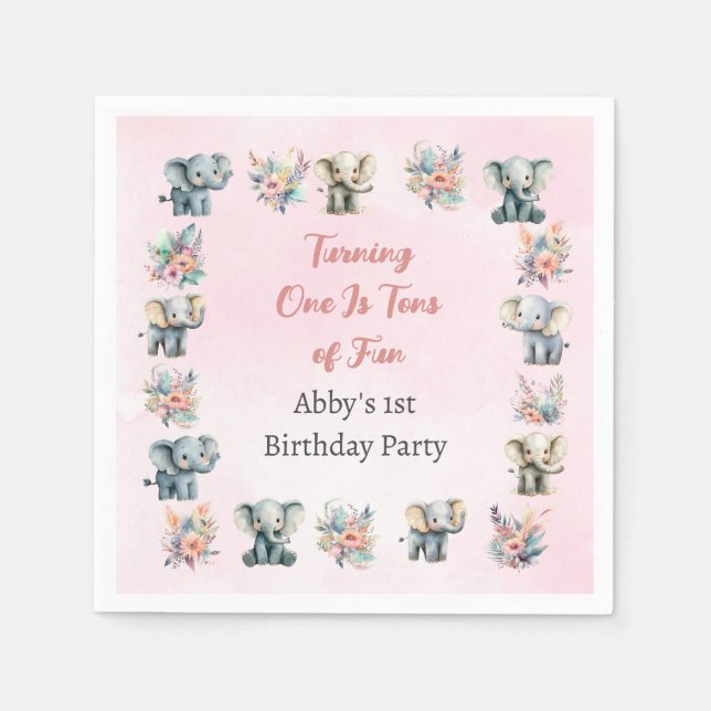 Elephants & Boho Jungle Flowers on Rosa Birthday Pappersservett (Framsidan)