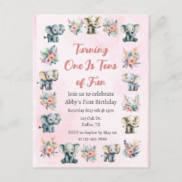 Elephants & Boho Jungle Flowers on Rosa Birthday Vykort