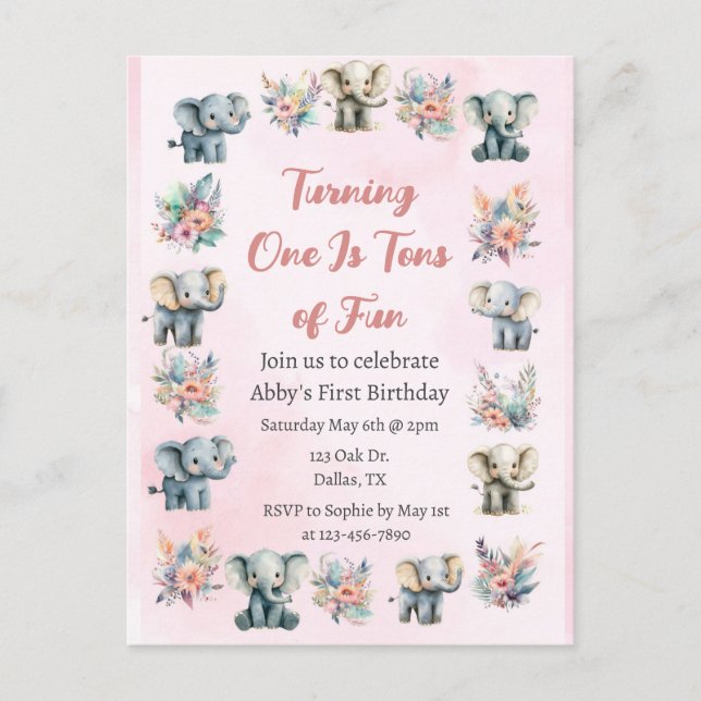 Elephants & Boho Jungle Flowers on Rosa Birthday Vykort (Framsida)