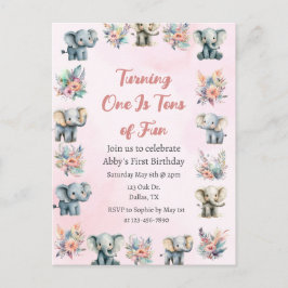 Elephants & Boho Jungle Flowers on Rosa Birthday Vykort