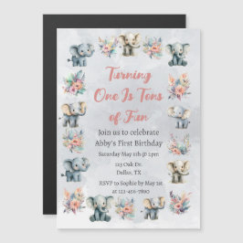 Elephants & Boho Jungle Flowers på Grått Birthday Magnetisk Inbjudningskort