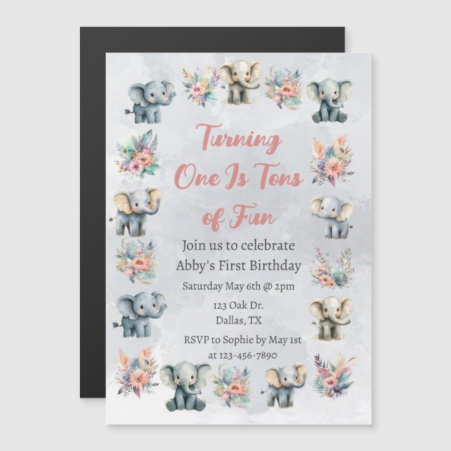 Elephants & Boho Jungle Flowers på Grått Birthday Magnetisk Inbjudningskort (Fram/baksida)