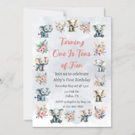 Elephants & Boho Jungle Flowers på Grått Birthday Magnetisk Inbjudningskort