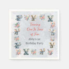 Elephants & Boho Jungle Flowers på Grått Birthday Pappersservett