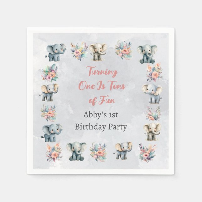 Elephants & Boho Jungle Flowers på Grått Birthday Pappersservett (Framsidan)