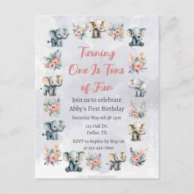 Elephants & Boho Jungle Flowers på Grått Birthday Vykort (Framsida)