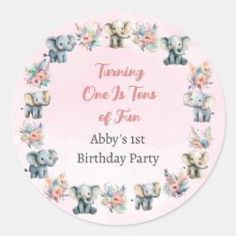 Elephants & Boho Jungle Flowers på Rosa Sticker Runt Klistermärke