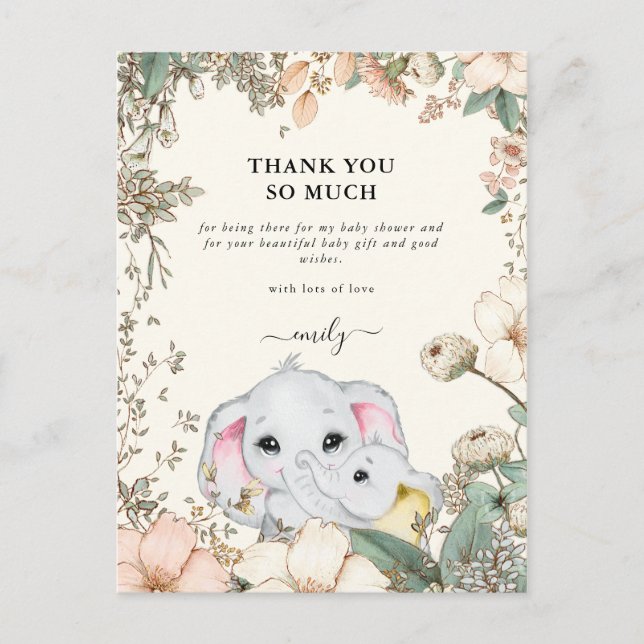 Elephants Foliage Cream Baby Shower Tack Vykort (Framsida)