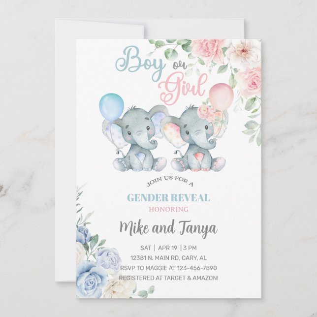 Elephants gender reveal invite, pink blue flowers. inbjudningar (Framsida)