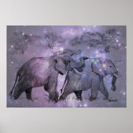 Elephants in Winter Walking in Moonlight Poster