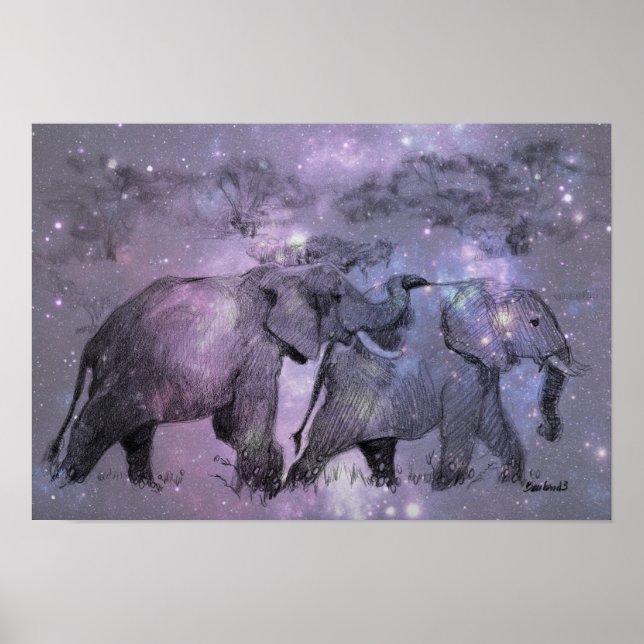 Elephants in Winter Walking in Moonlight Poster (Framsidan)