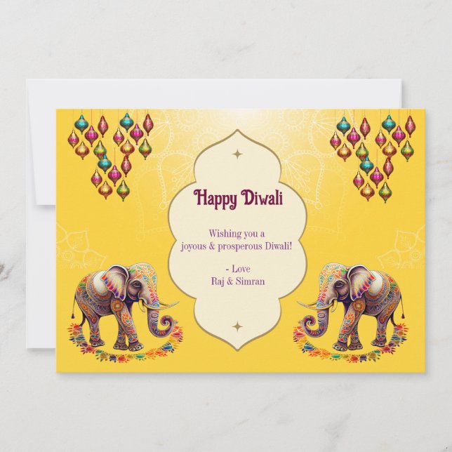 Elephants Lycklig Diwali Hälsning Gult Guld Julkort (Framsida)