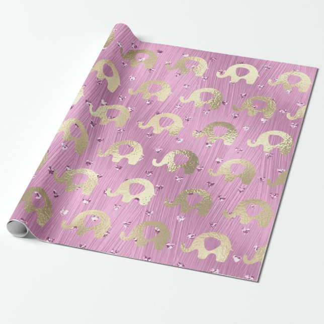 Elephants Metalli Hearts Guld Lila Rosa Presentpapper (Utrullad)