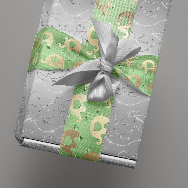 Elephants Metalli Hearts Guld Mint Pojke Girl Presentpapper (Elephants Metalli Hearts Gold Mint Baby Boy Girl Wrapping Paper)