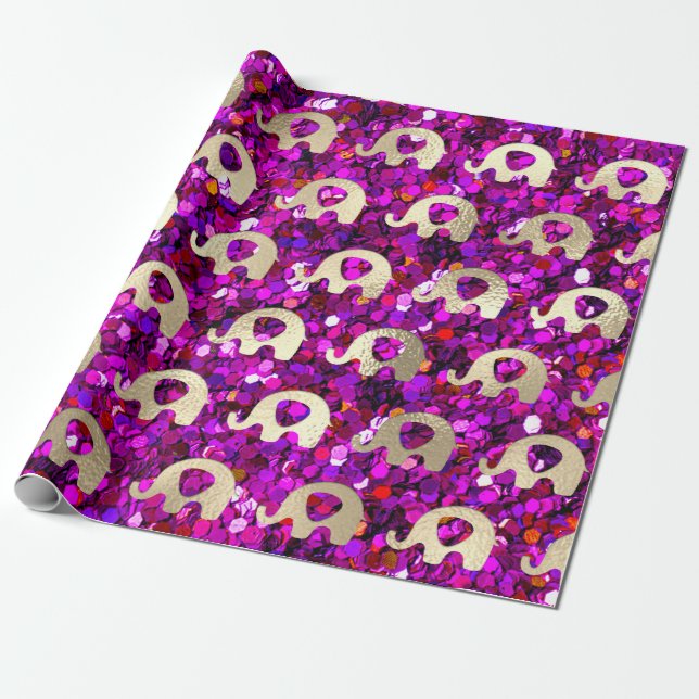 Elephants Metallic Glitter Guld Lila Flicka Presentpapper (Utrullad)