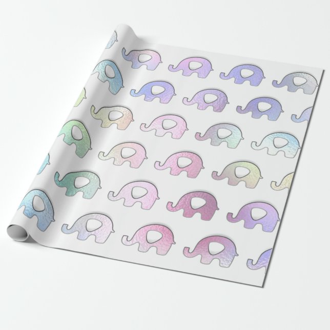 Elephants Pastel Hologram Iridescent White Rosa Presentpapper (Utrullad)