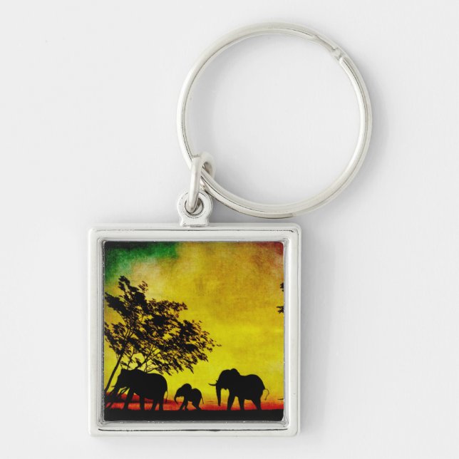 Elephants Sunset Fyrkantig Silverfärgad Nyckelring (Framsidan)