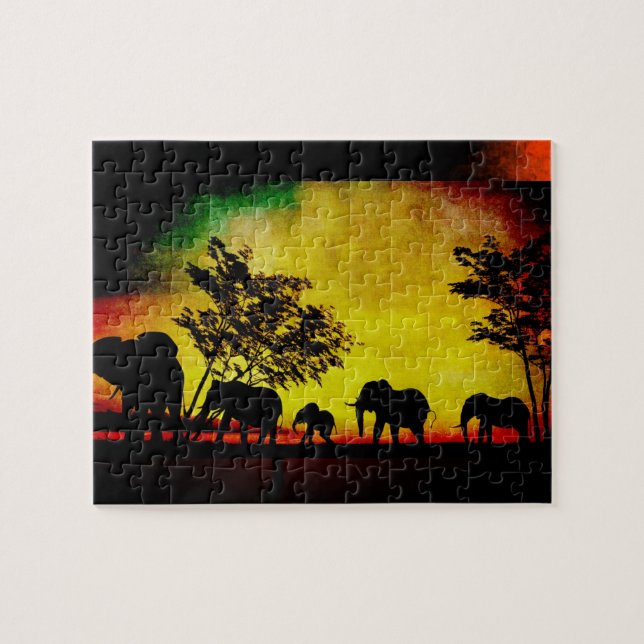 Elephants Sunset Puzzle Pussel (Horisontell)