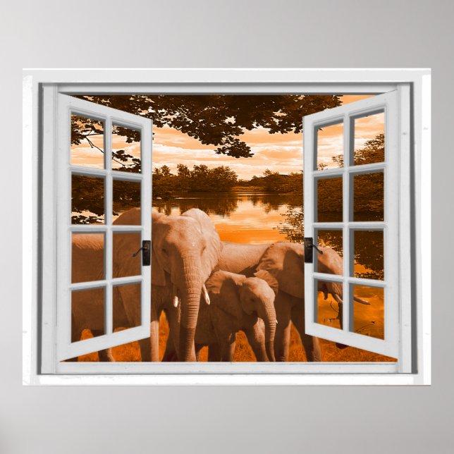Elephants Sunset View Trompe l'oeil Fake Window Poster (Framsidan)