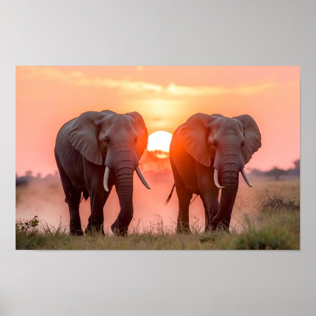 Elephants Walking in Sunset Poster (Framsidan)