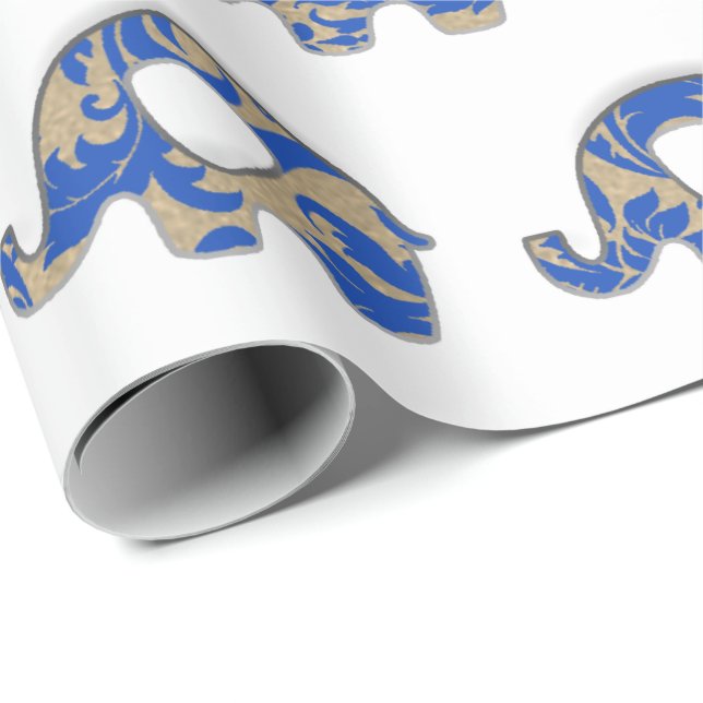 Elephants White Oriental Cobalt Blue Guld Indigo Presentpapper (Rullad Hörn)