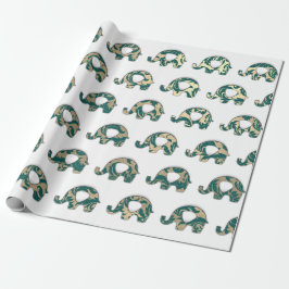 Elephants White Oriental Teal Champaigne Guld Presentpapper