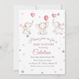 Elephants with Baloons Girl Baby Shower Invitation Inbjudningar