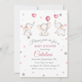 Elephants with Baloons Girl Baby Shower Invitation Inbjudningar