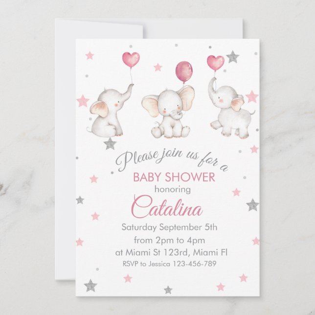 Elephants with Baloons Girl Baby Shower Invitation Inbjudningar (Framsida)