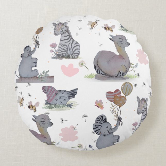 "Eleze Elephant & Polka Hen" Boganhues Blanket Rund Kudde (Framsidan)