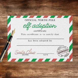 Elf-adoptionscertifikat undertecknat av Jultomten Flygblad