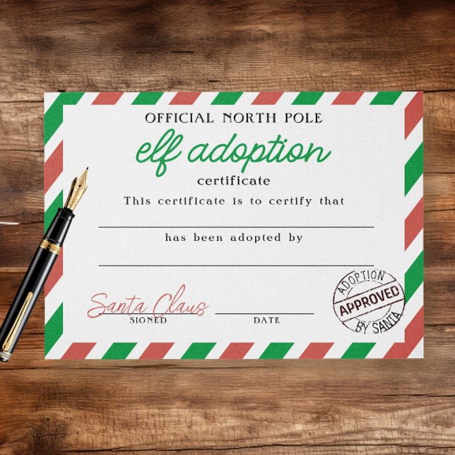 Elf-adoptionscertifikat undertecknat av Jultomten Flygblad (Elf Adoption Certificate Signed by Santa Claus official North Pole legal document by Ricaso. )