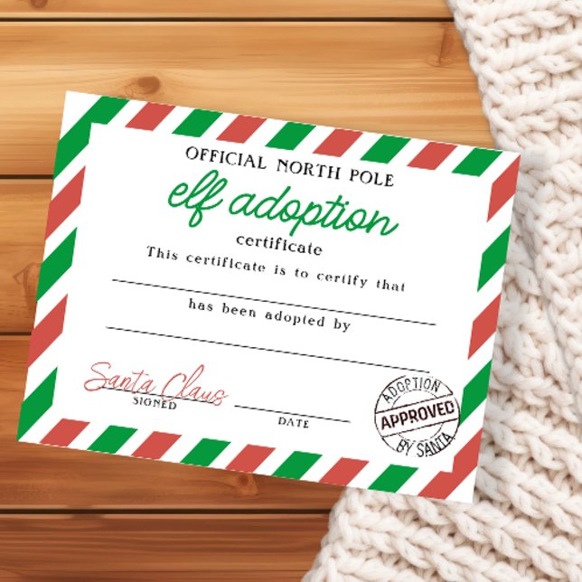 Elf-adoptionscertifikat undertecknat av Jultomten Tilläggskort (Elf Adoption Certificate Signed by Santa Claus from Ricaso. Official North Pole legal document )