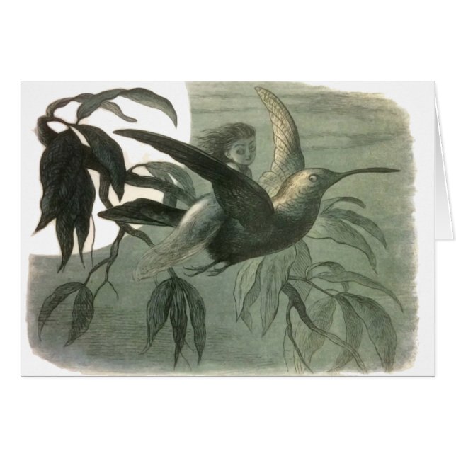 Elf-Älvor Elves Måne Nattscen Bird Flyg Hälsningskort (Framsidan Horizontal)