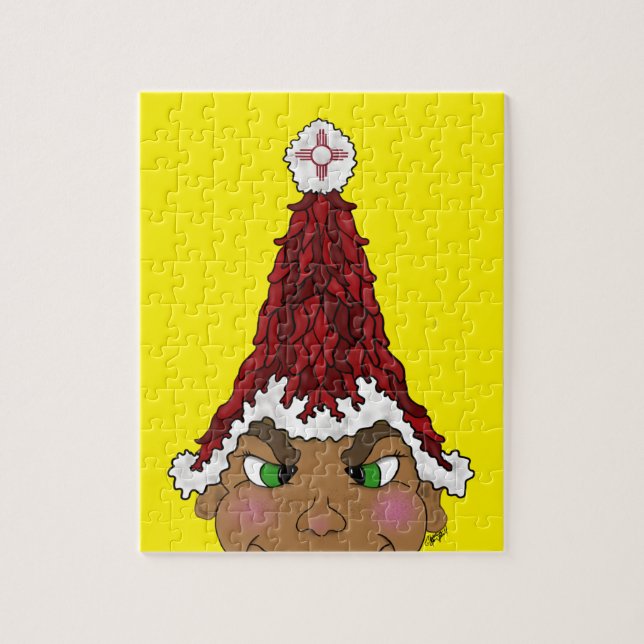 Elf bär en Red Chile Santa Hat med Zia Pussel (Vertikal)