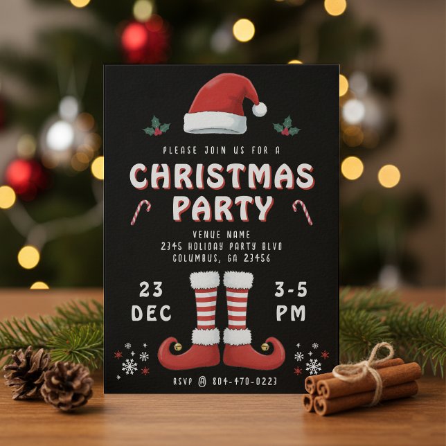 Elf Boots Jultomten Hat Black jul Party Inbjudningar (Elf Boots Santa Claus Hat Black Christmas Party Invitation
)