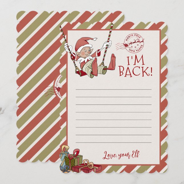 Elf Brev "Jag är tillbaka" Editable Notecard Inbjudningar (Fram/baksida)