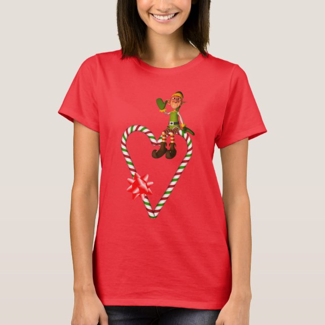 Elf Candy cane Heart Cute jul Helgdag T Shirt (Framsida)