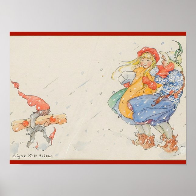 Elf, Christmas presents and girls, vintage Poster (Framsidan)