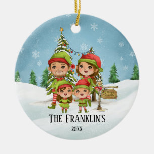 Elf Family of 4 Mamma Pappa Daughson Son Julgransprydnad Keramik