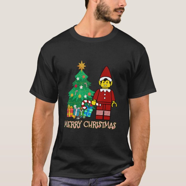 Elf Figur God jul Blocks Bricks Byggnad T Shirt (Framsida)