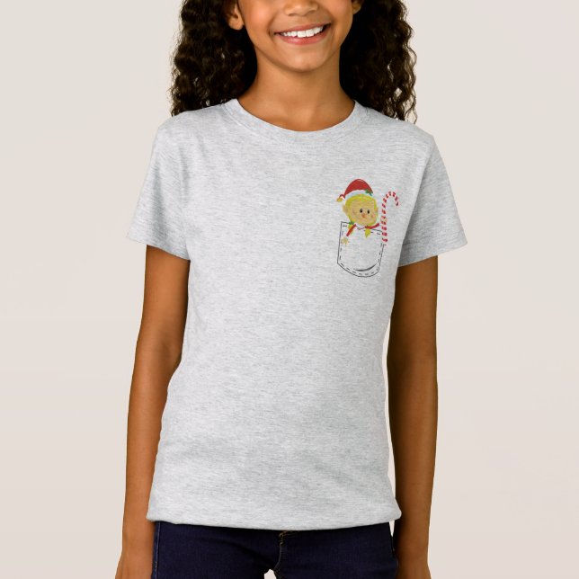 Elf Girl som håller Candy cane insida i häftad Poc T Shirt (Framsida)