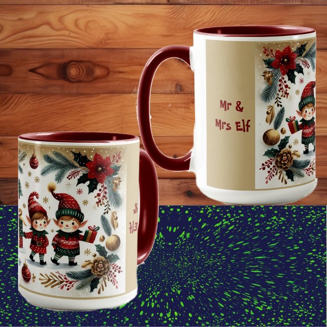 Elf God jul Poinsettia Botanicals Mugg (Mr & Mrs Elf Merry Christmas Poinsettia Botanicals Mug)